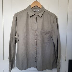 100% Linen Long Sleeve Button Up Shirt Blouse Women's Size L Khaki